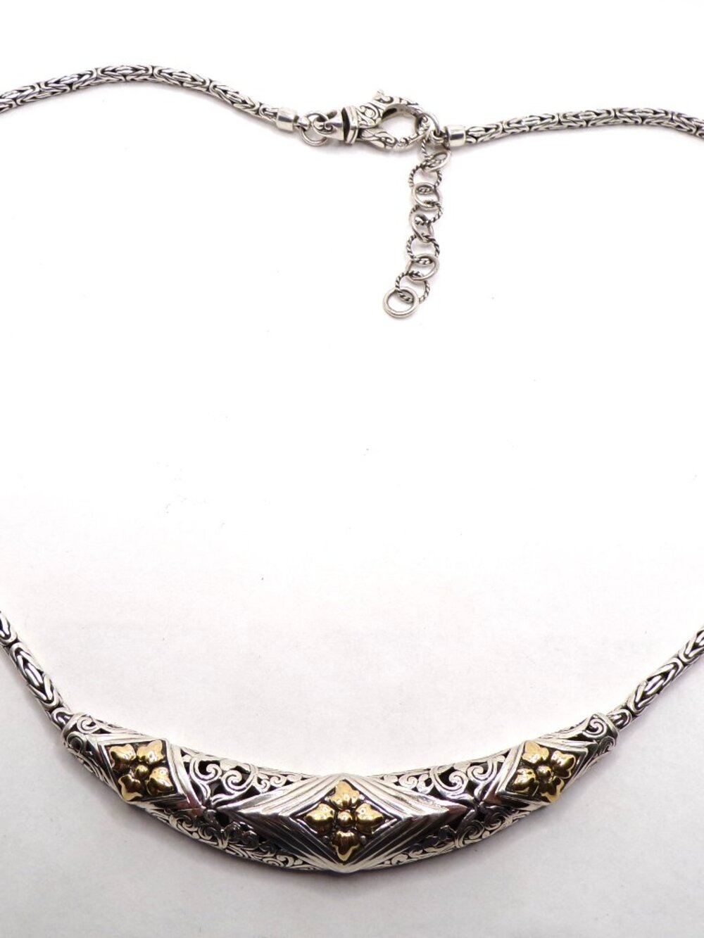 925 Sterling Silver & 18K Gold Accents Byzantine Statement Necklace - Picture 6 of 11